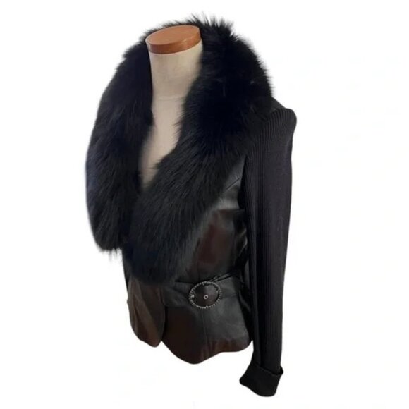 Cache Black Leather Dressy Blazer Jacket Detachable Fox Fur Trim Collar Medium - Picture 3 of 16